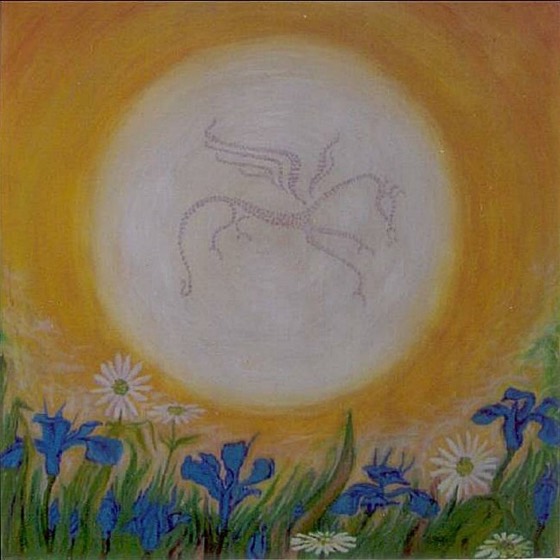 Painting of a dragon within a glowing sun above irises and daisies